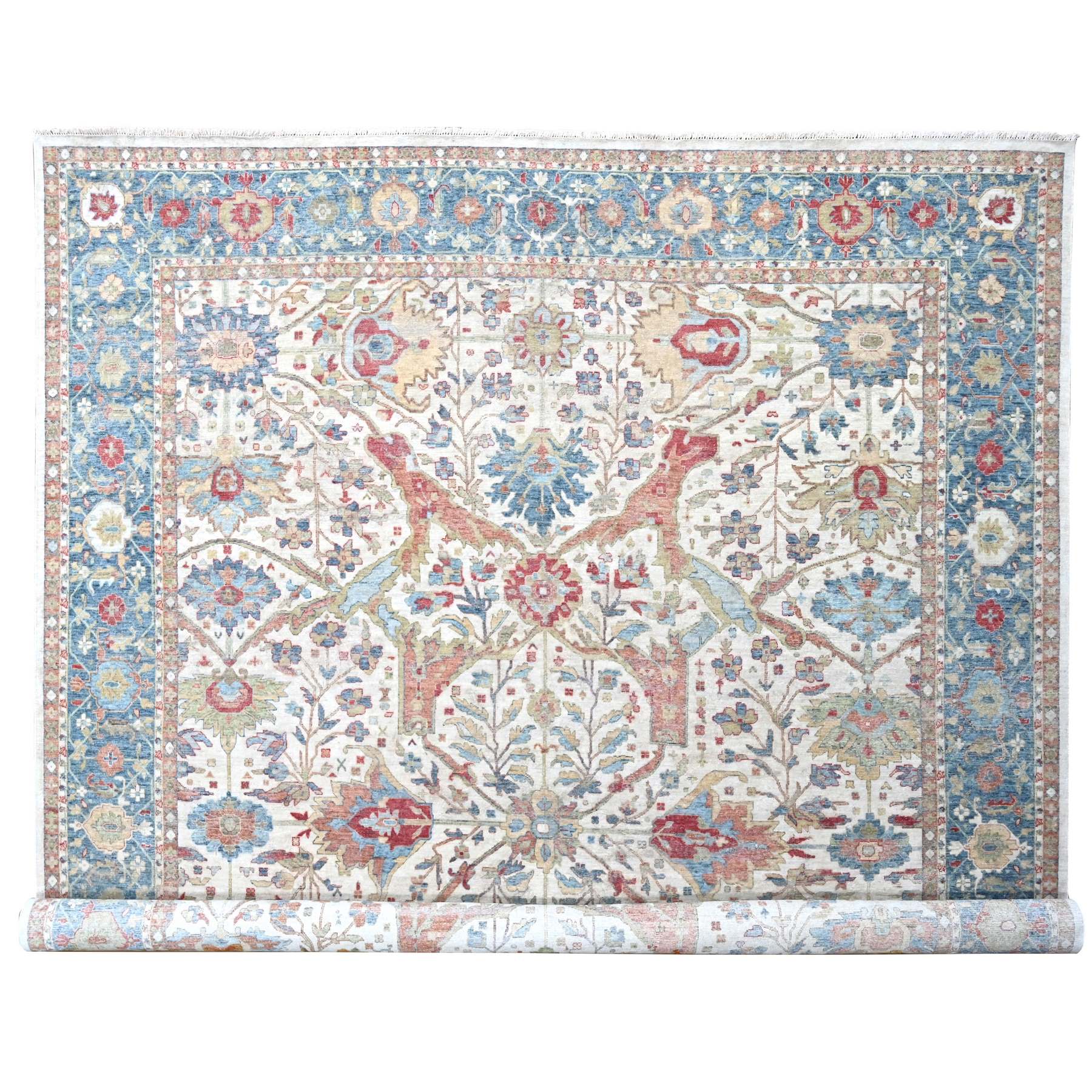 Pearl White, 100% Wool, Hand Knotted, Antiqued Persian with Ziegler Mahal Design, Distressed, Oxidized, Zero Pile, Shaved Low, Oversized, Oriental Rug